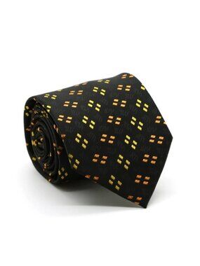 Ferrecci Mens Black/Yellow/Orange Geo Pattern Necktie with Handkerchief Set